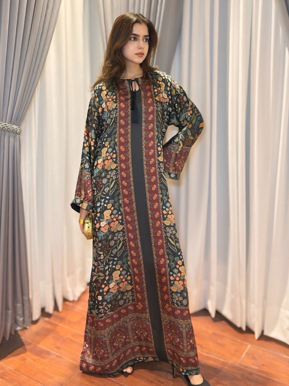 Bohemian Floral Kaftan-Kurta in Black and Rust (Fixed Price)